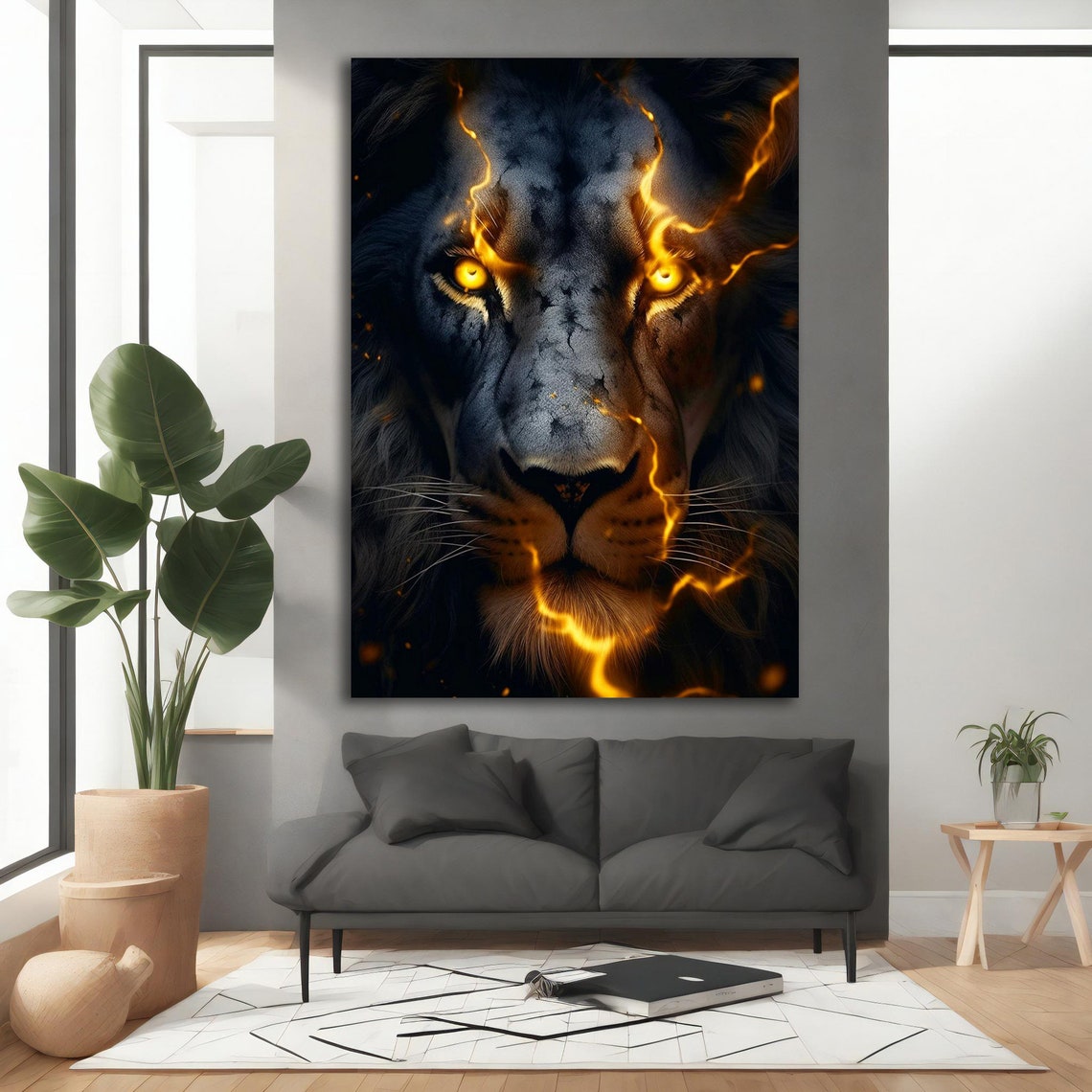 Black Lion Fire Face Golden Lightning Cracks Glowing Eyes Poster - Image 3