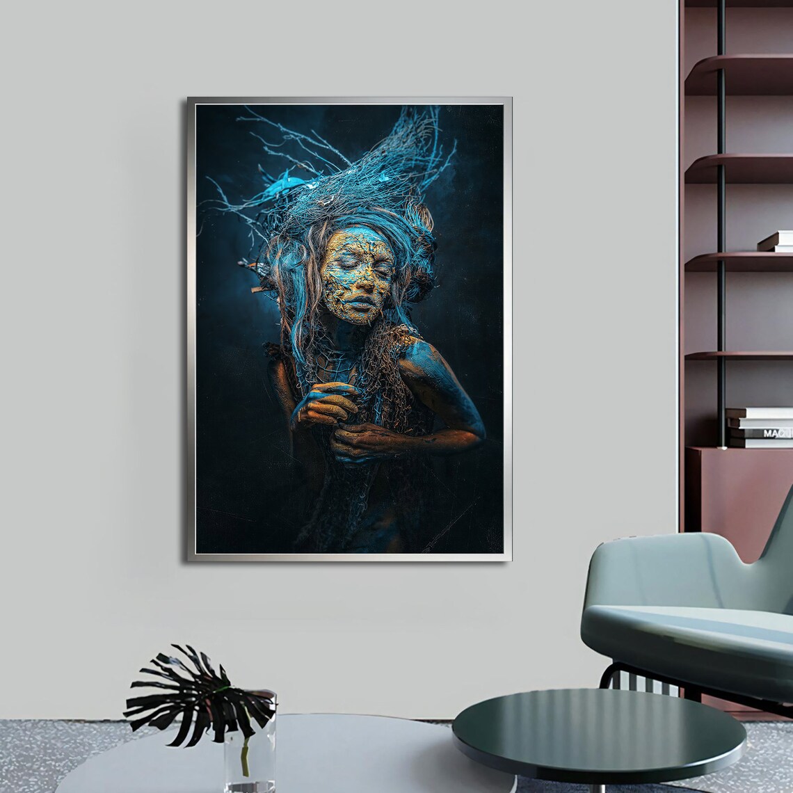 Surreal Blue Woman Wild Hair Golden Face Dreamlike Ethereal Wall Art Poster - Image 4