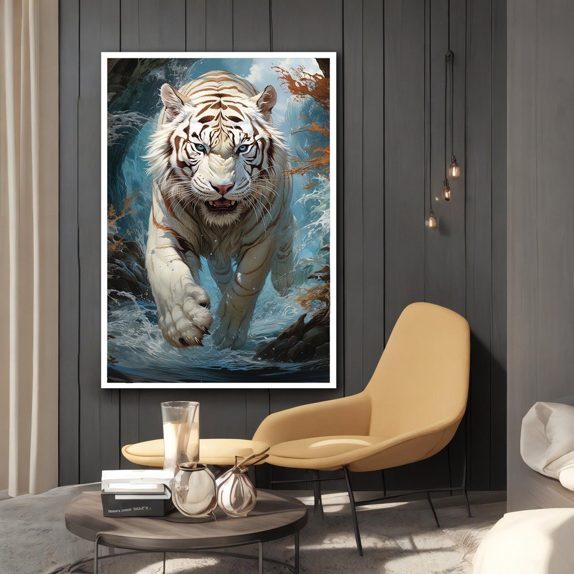 White Tiger Walking Through Blue Water Splashes Wild Eyes Poster - Image 2
