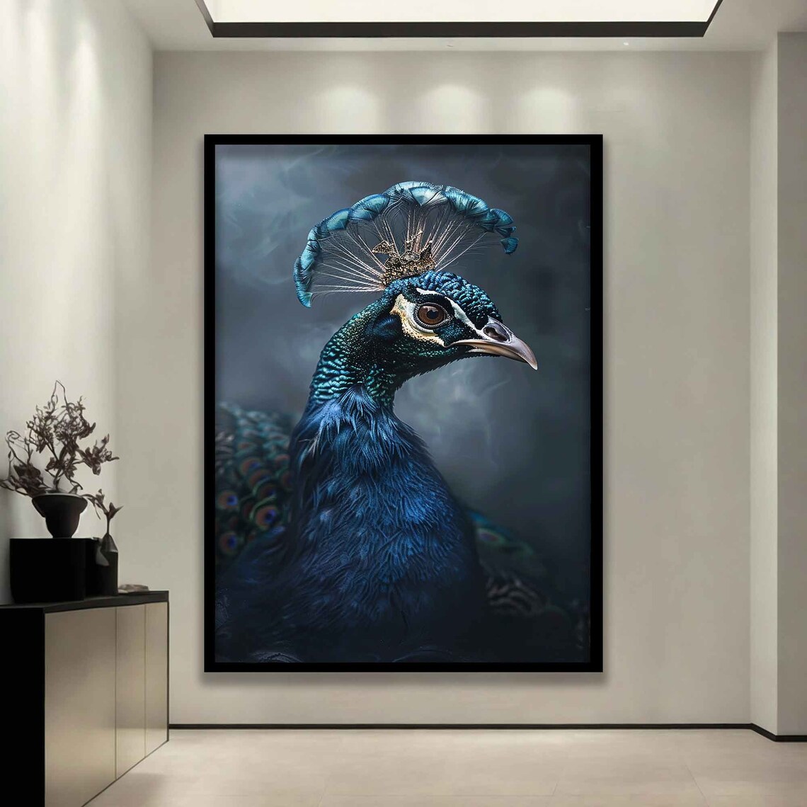 Peacock With Crown, Dark Gray Background Art Print