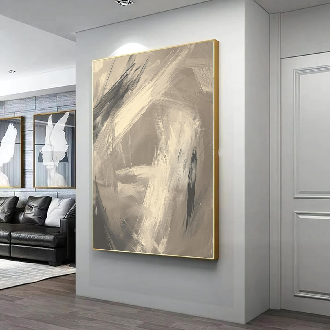Gold Beige Abstract Brushstroke Painting Modern Neutral Wall Art