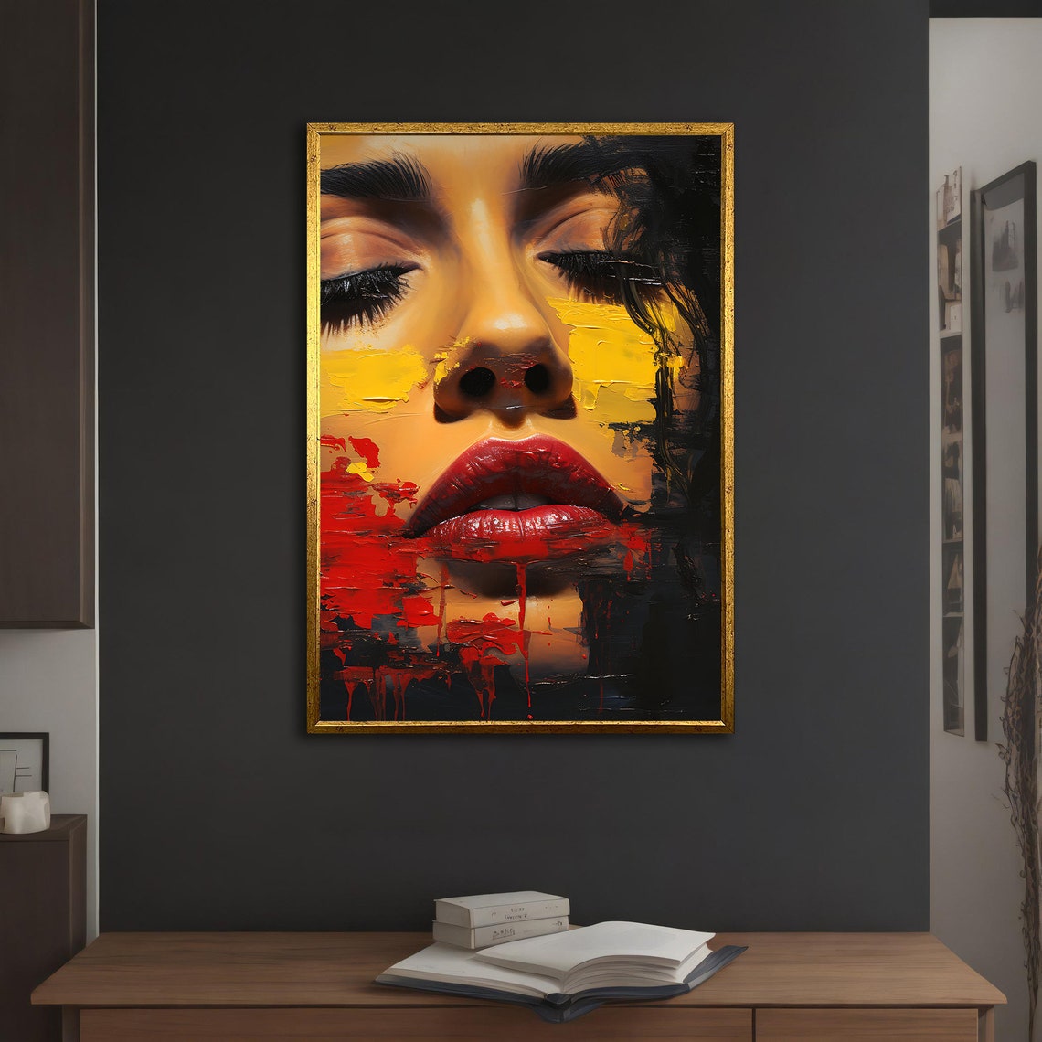 Close Up Woman Red Lips Abstract Face Yellow Drip Art Wall Poster - Image 5