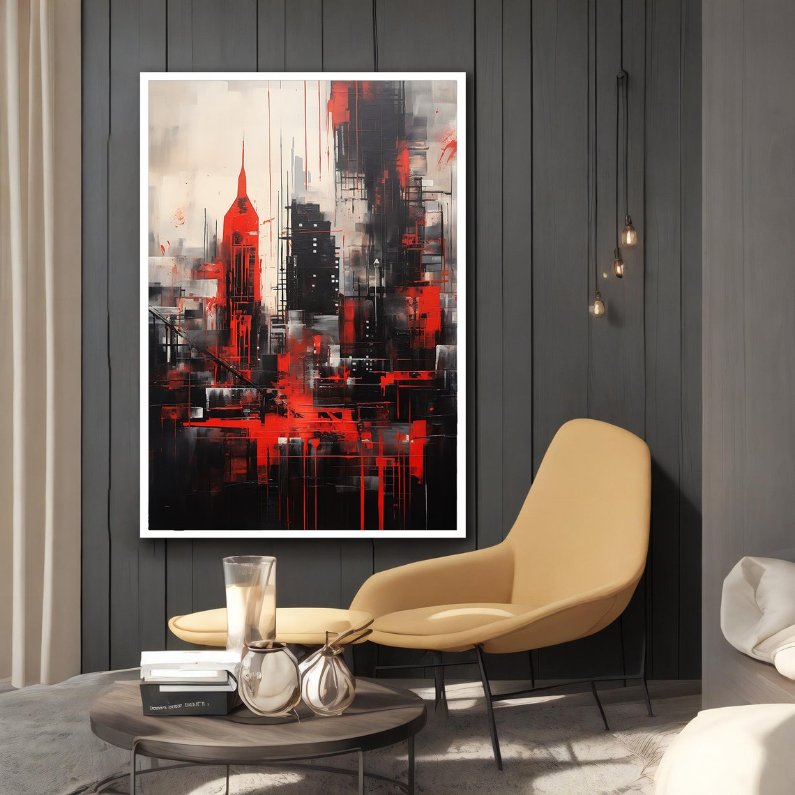 Abstract Red Black White City Skyline Bold Brushstroke Art Poster - Image 2