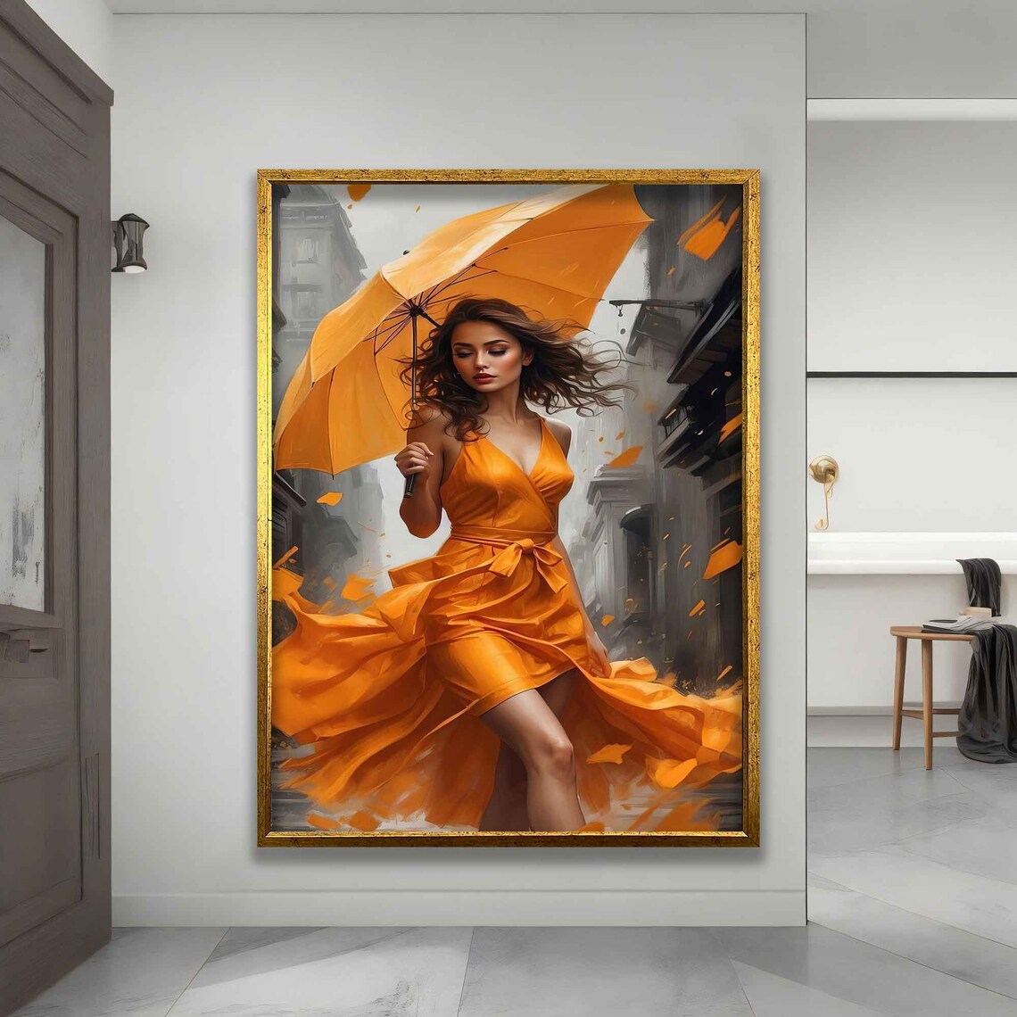 Woman with Orange Umbrella in City Street Vivid Art Wall Poster