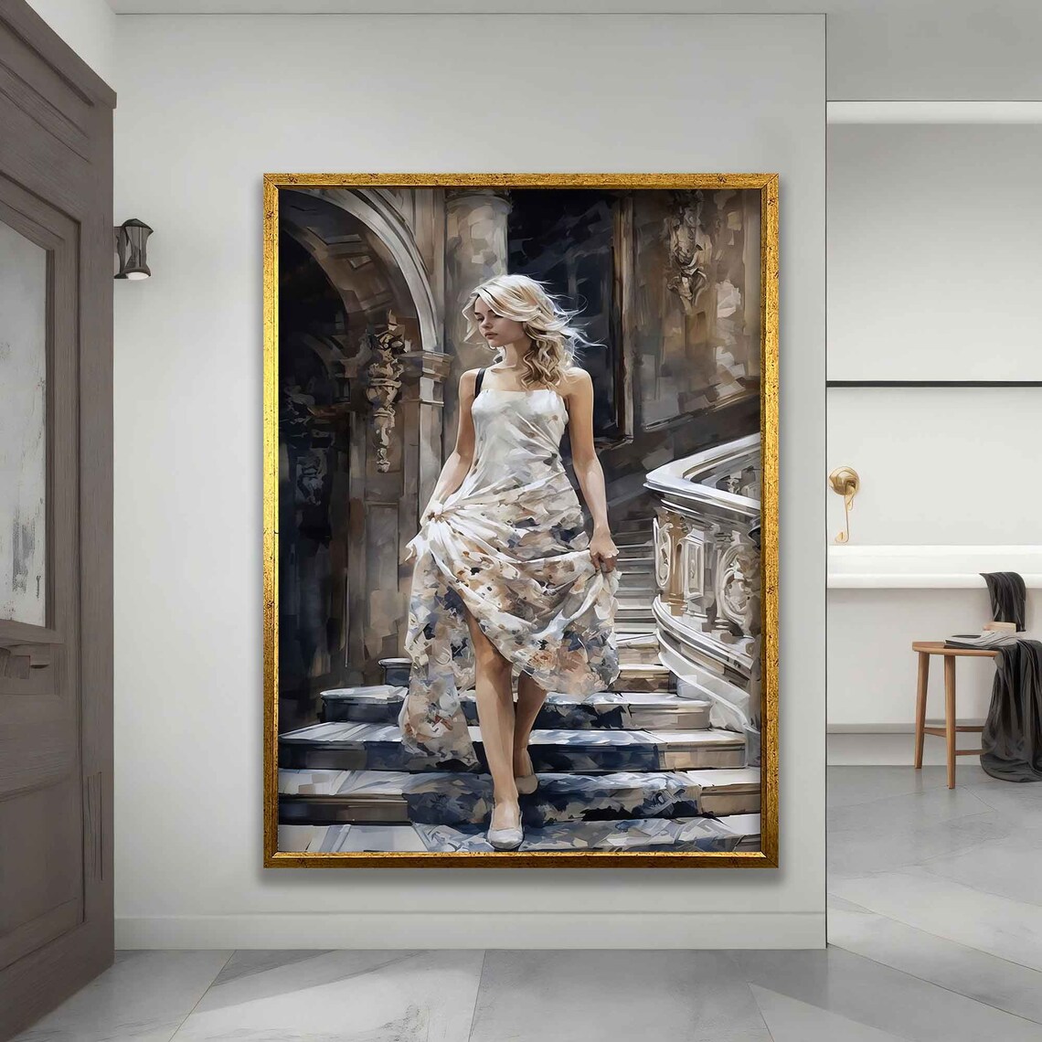 Blonde Woman in White Dress Descending Grand Staircase Art Poster