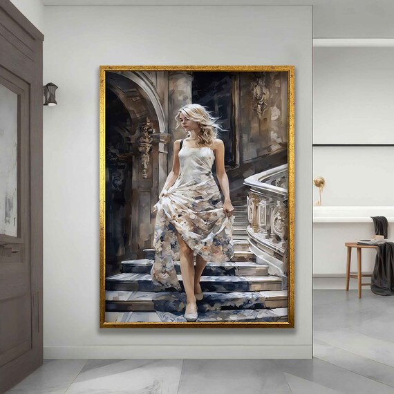 Blonde Woman in White Dress Descending Grand Staircase Art Poster