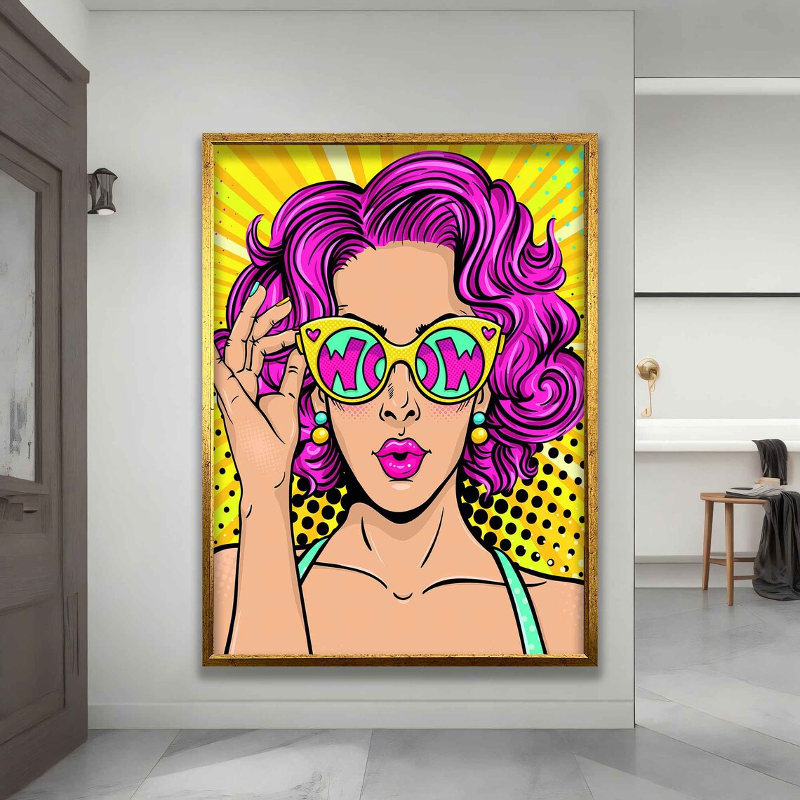 Pop Art Woman Wow Sunglasses Pink Hair Comic Style Colorful Wall Art Print - Image 4