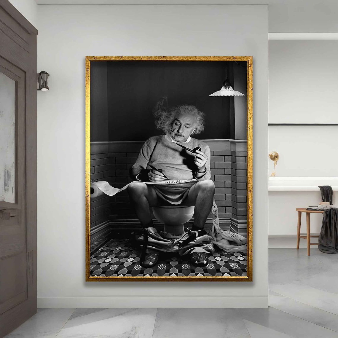 Einstein In The Toilet Black And White Art Print - Image 4