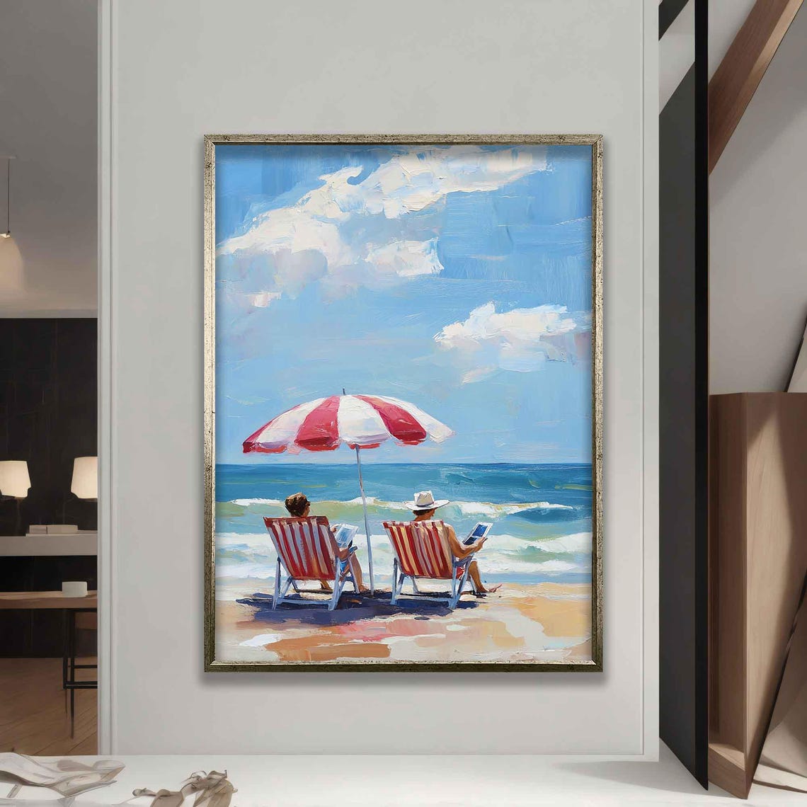 Red White Striped Umbrella Beach Couple Ocean View Painting Poster - Image 5