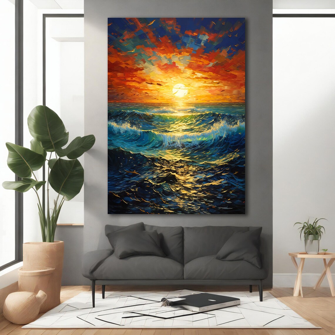 Ocean Sunset Golden Sun Rolling Waves Seascape Oil Painting Poster - Image 3