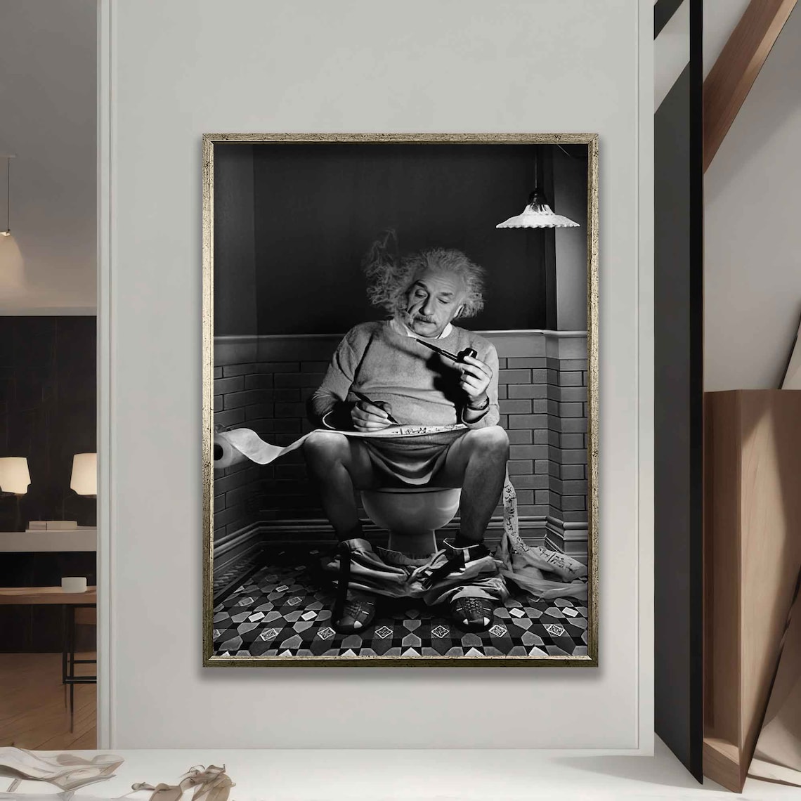 Einstein In The Toilet Black And White Art Print