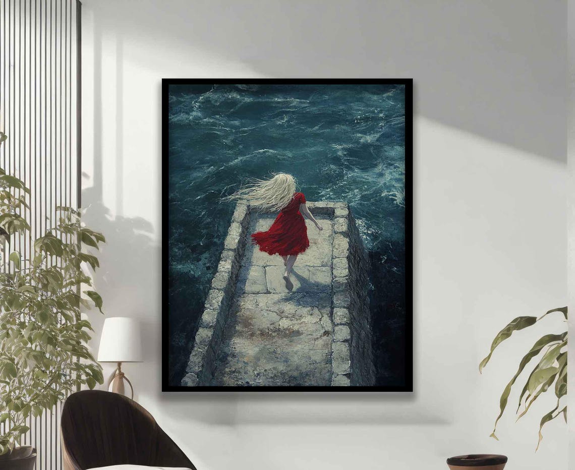 Alone Woman In The Sea Painting Surreal Blonde Girl Poster Seascape Art Girl In Red Dress Print Beautiful Woman Home Decor - Image 3