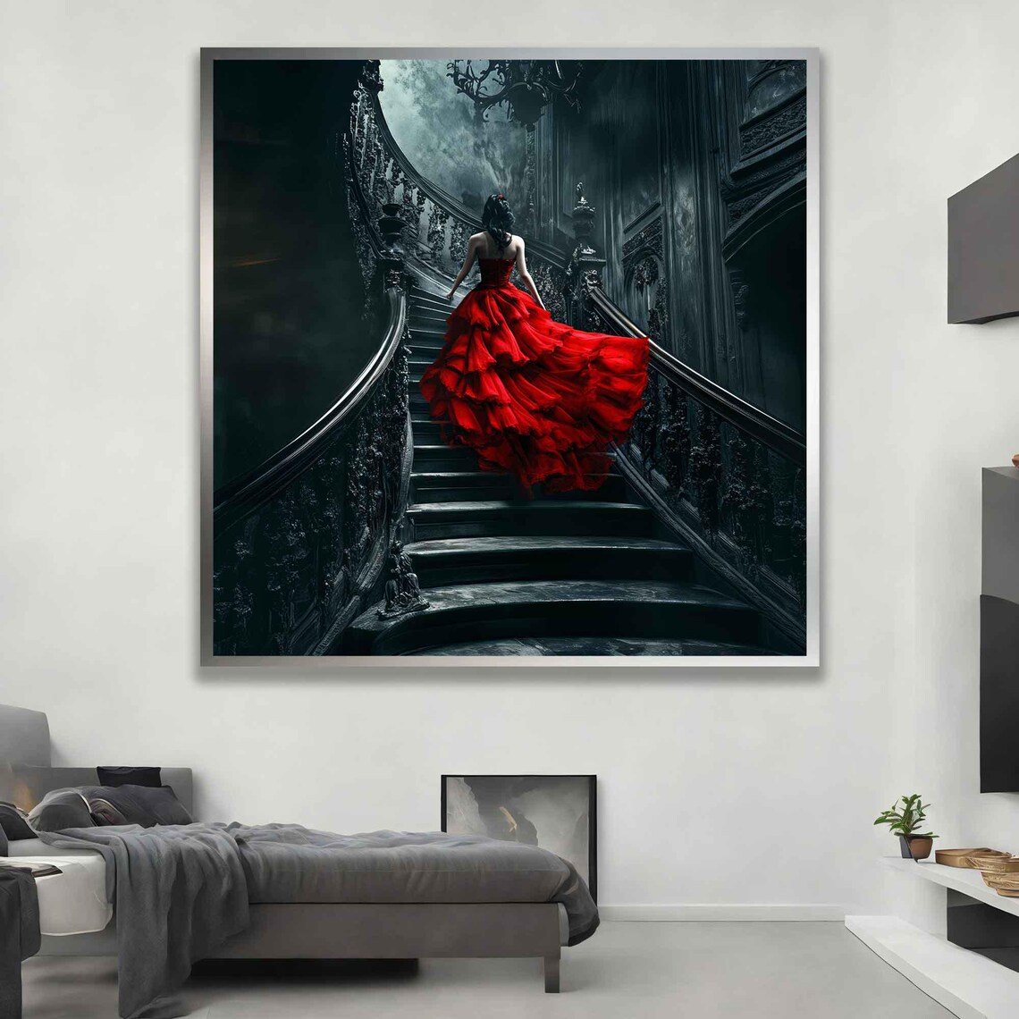 Woman in Red Dress on Gothic Staircase Painting Dramatic Dark Wall Poster - Image 3