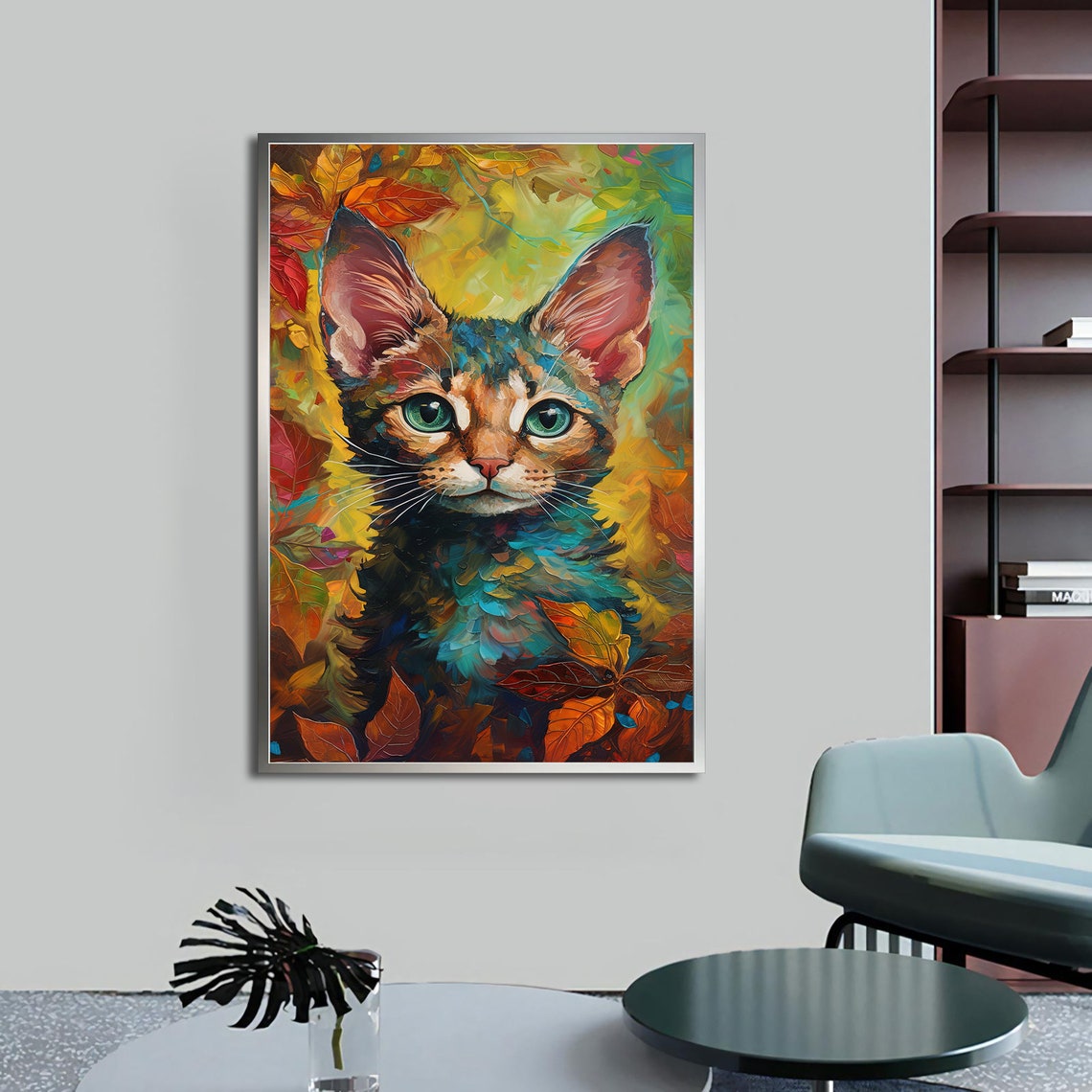 Colorful Cat Portrait Green Eyes Autumn Leaves Impressionist Poster - Image 4