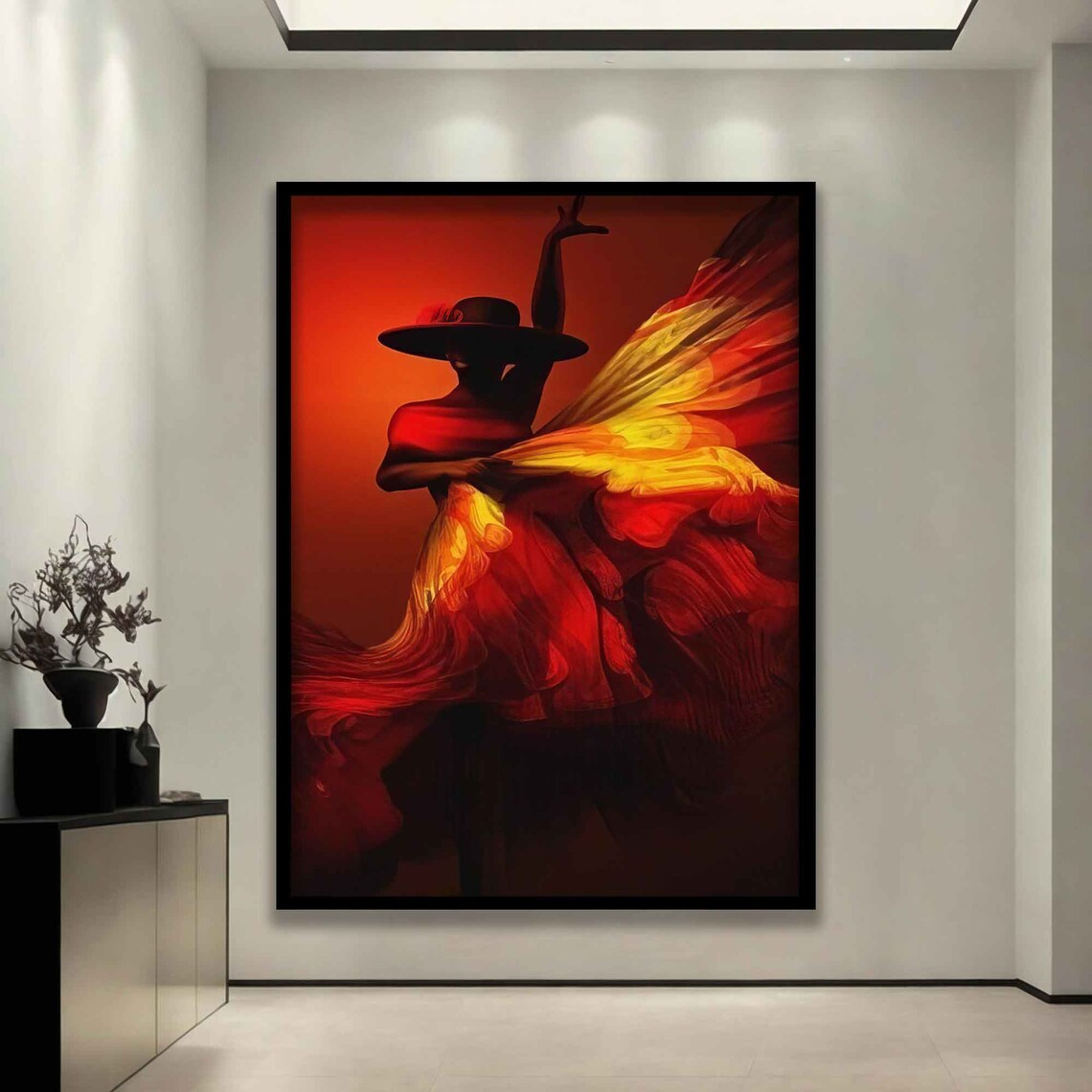 Flamenco Dancer in Hat Fiery Red Dress Silhouette Art Wall Poster - Image 3