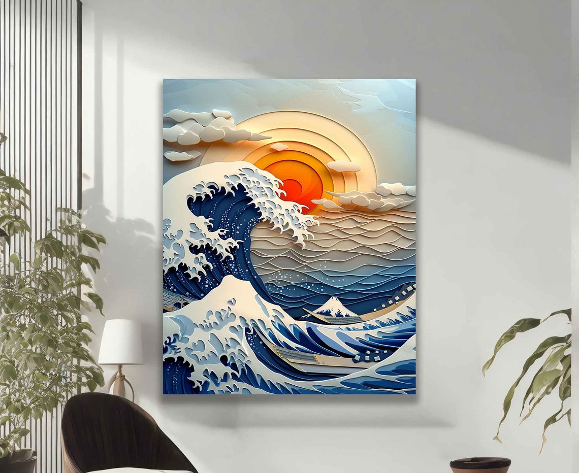 Great Wave Off Kanagawa 3D Paper Quilling Sunset Mount Fuji Art Poster - Image 2