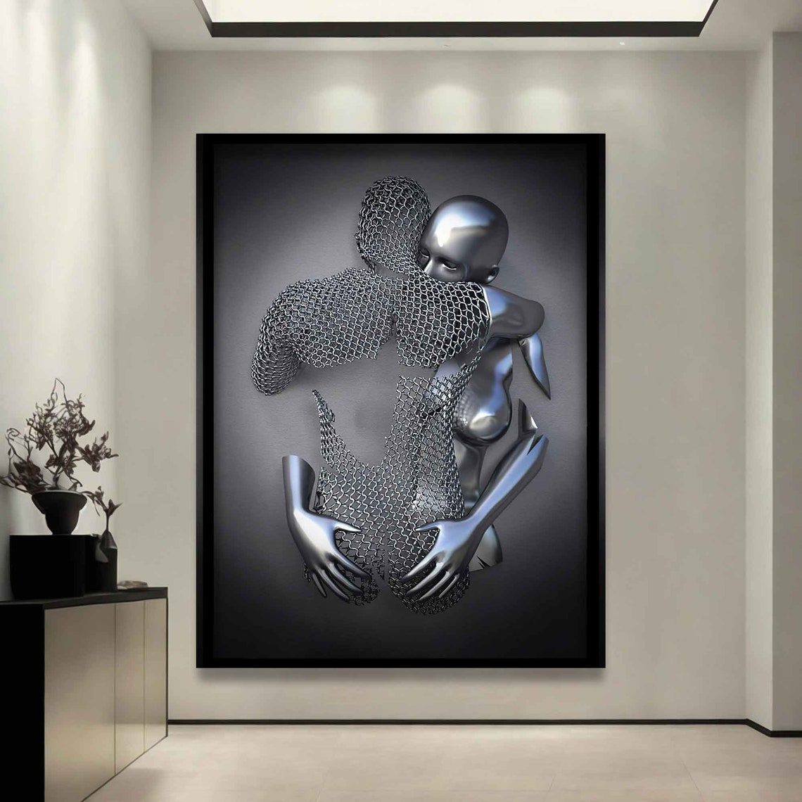 Chainmail Hugging Couple Silver Metallic Sculpture Embrace Art Poster