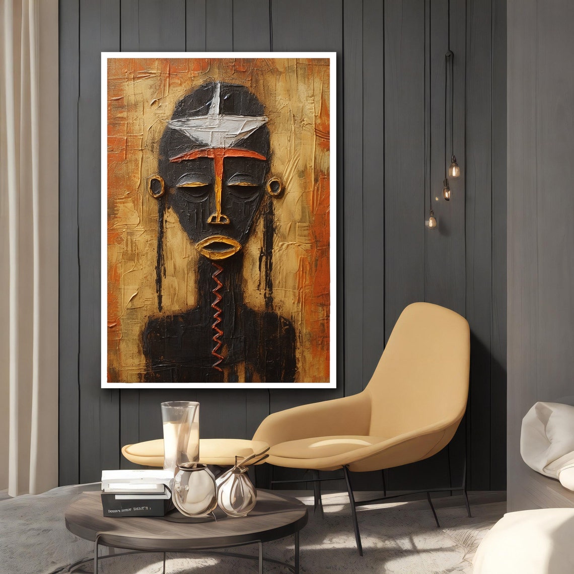 African Tribal Mask Gold Ochre Textured Abstract Ethnic Art Poster - Image 2