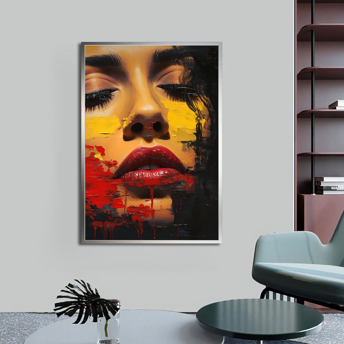 Close Up Woman Red Lips Abstract Face Yellow Drip Art Wall Poster - Image 3