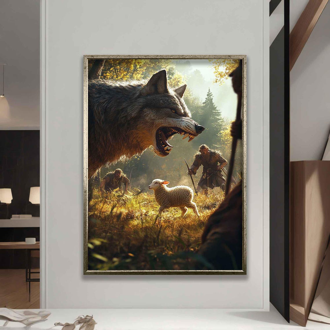 Jesus Shepherd Staff Shielding Lamb From Giant Wolf Autumn Poster - Image 5