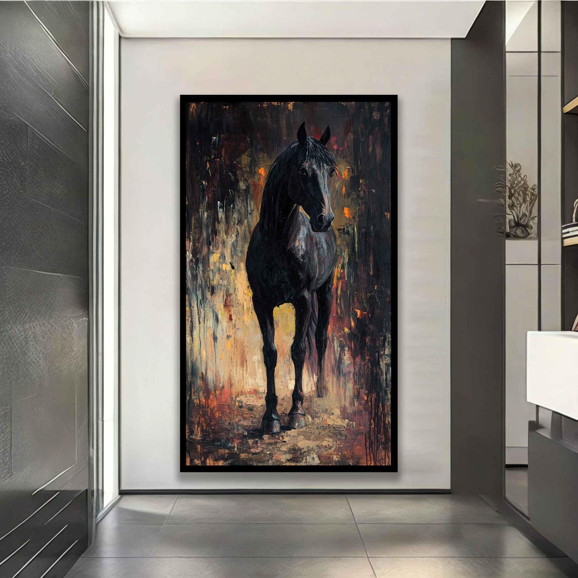 Black Horse Standing Front In Dark Abstract Golden Texture Art Poster - Image 4