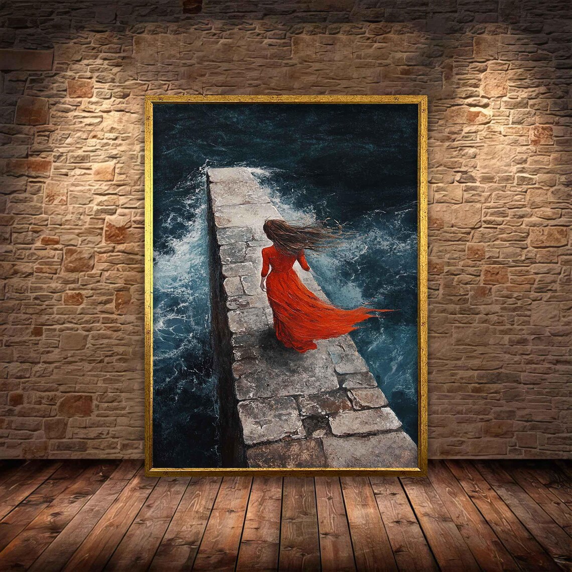 Woman Red Dress Walking Stone Pier Stormy Sea Windy Painting Poster - Image 3