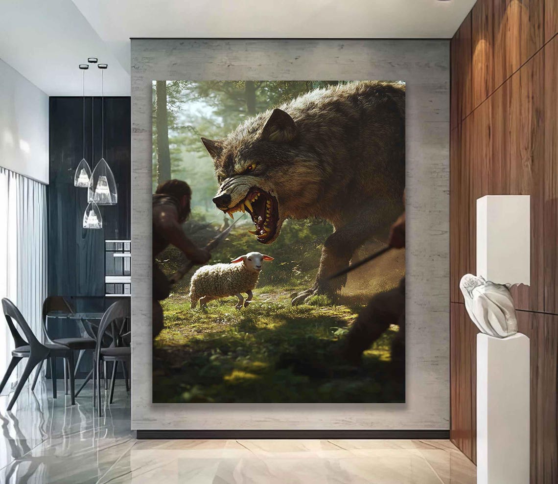 Jesus Rushing To Save Lamb From Snarling Wolf Green Forest Poster - Image 2