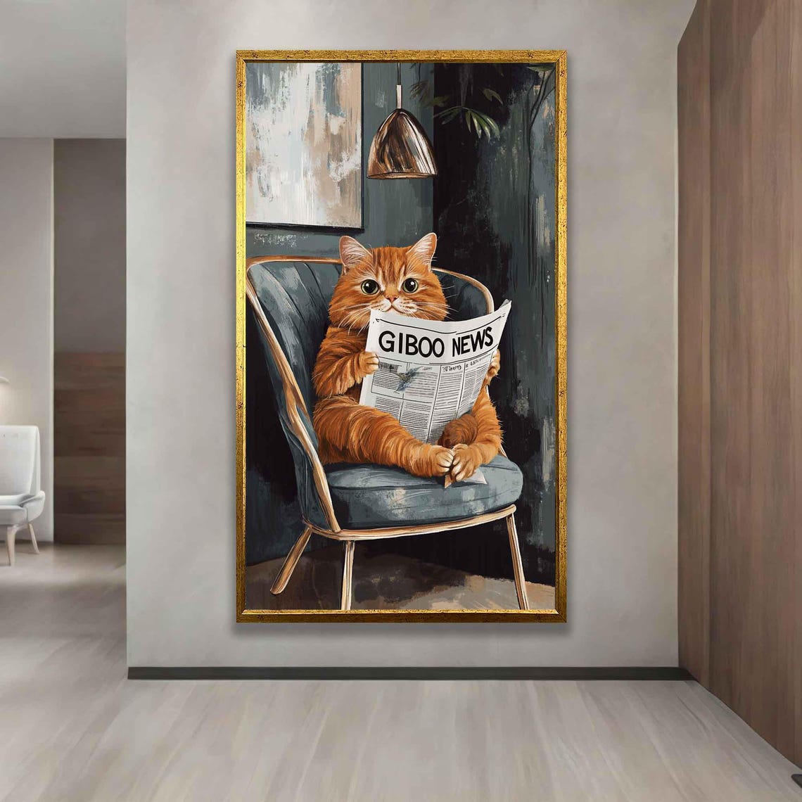 Orange Cat Reading Newspaper In Armchair Cozy Funny Animal Art Poster - Image 3