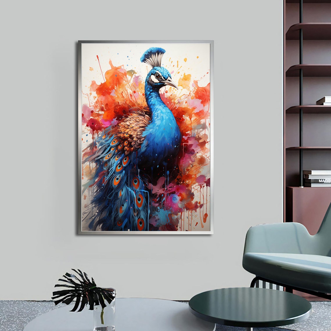 Blue Peacock Portrait Watercolor Splash Eye Feather Art Poster - Image 4