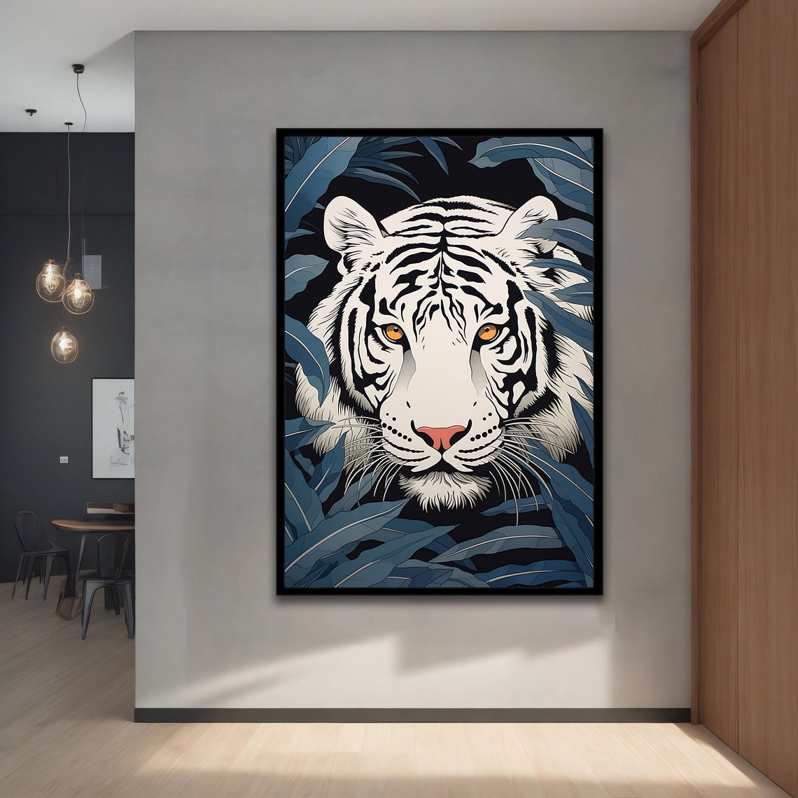 White Tiger Face Hidden In Dark Blue Tropical Leaves Art Poster - Image 5