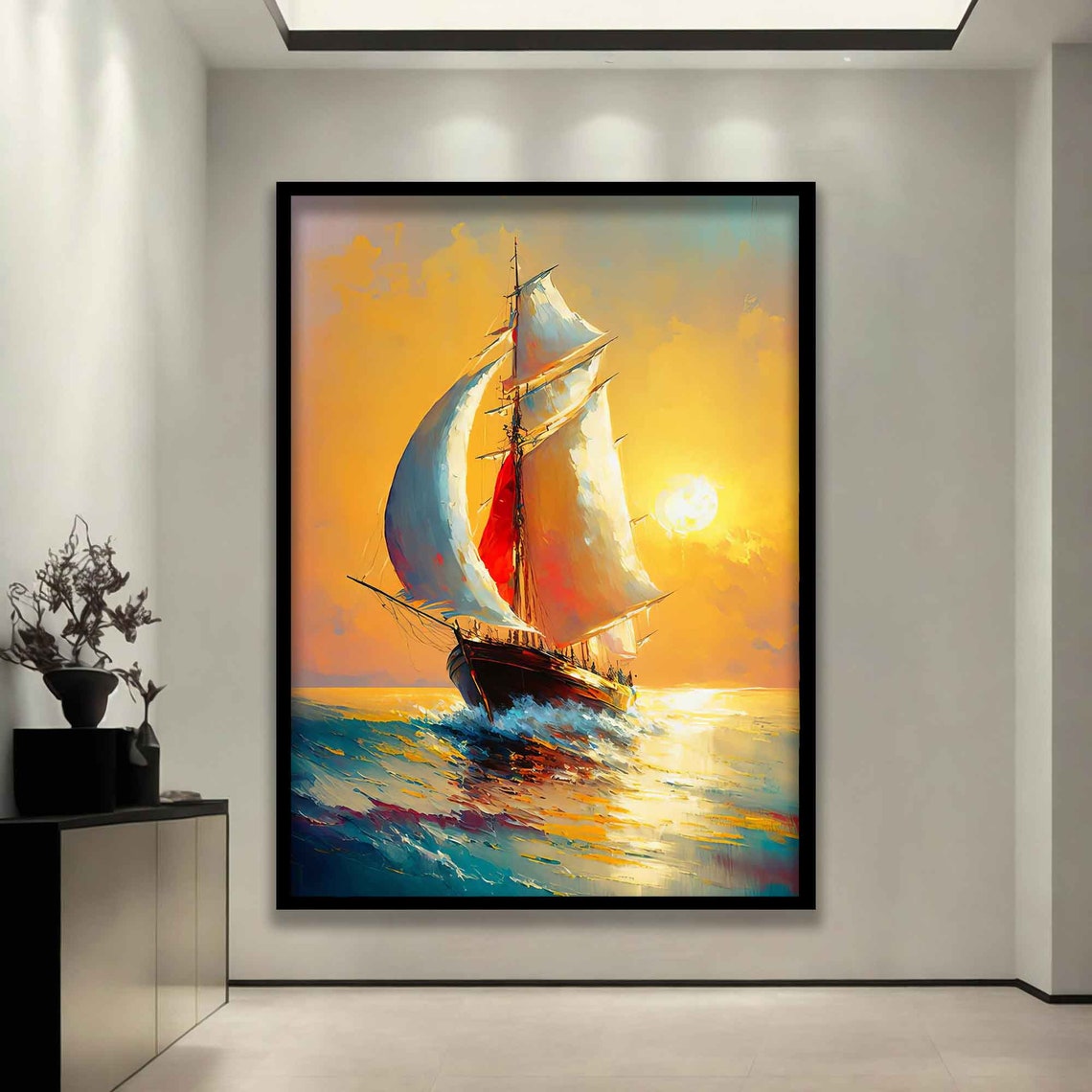 Sailboat at Golden Sunset Sparkling Sea Sails Adventure Travel Poster - Image 3