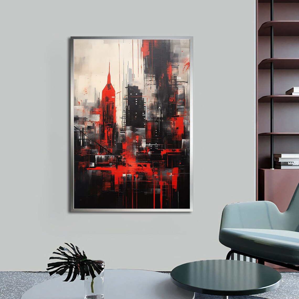 Abstract Red Black White City Skyline Bold Brushstroke Art Poster - Image 4