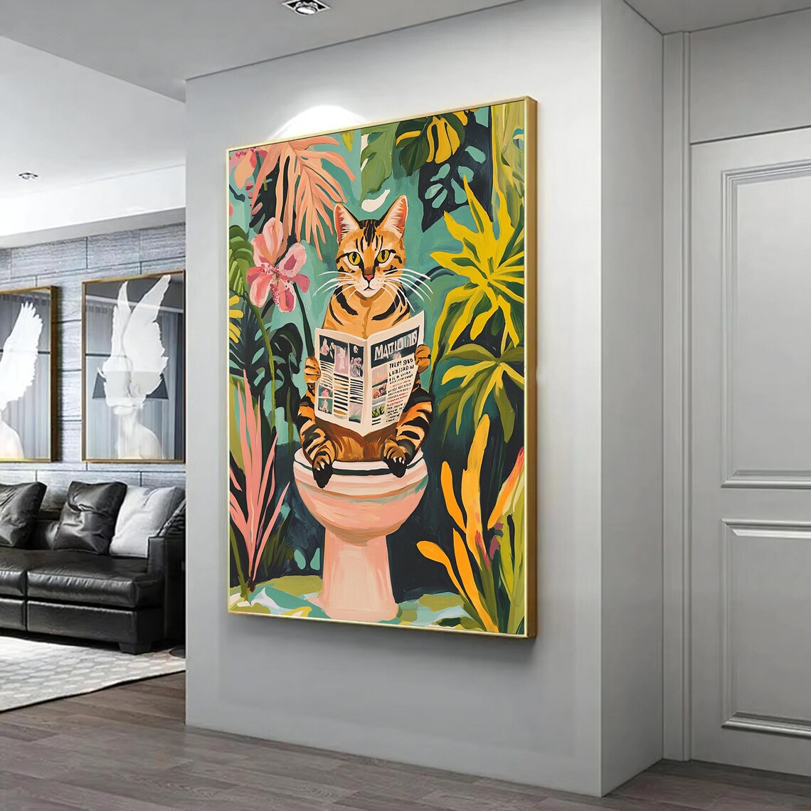 Funny Cat Reading Newspaper on Toilet Bathroom Humor Jungle Leaves Wall Art