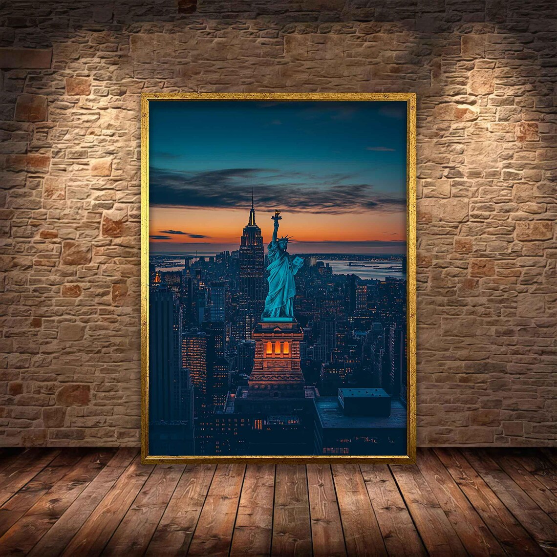 Statue Of Liberty Manhattan Skyline Sunset New York City View Poster
