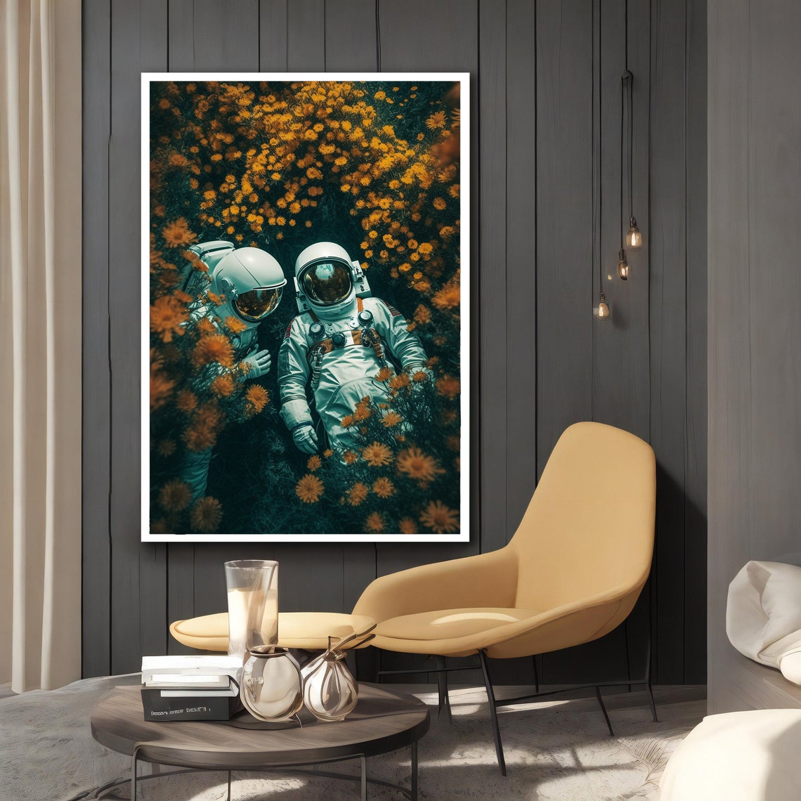 Two Astronauts Resting Among Yellow Wildflowers Aerial View Art Poster - Image 2