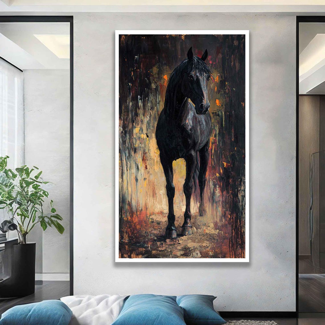Black Horse Standing Front In Dark Abstract Golden Texture Art Poster - Image 5