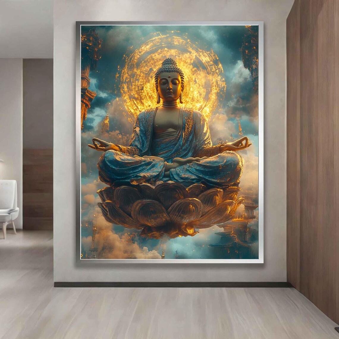 Buddha Meditating Golden Lotus Flower Glowing Halo Teal Sky Poster - Image 4
