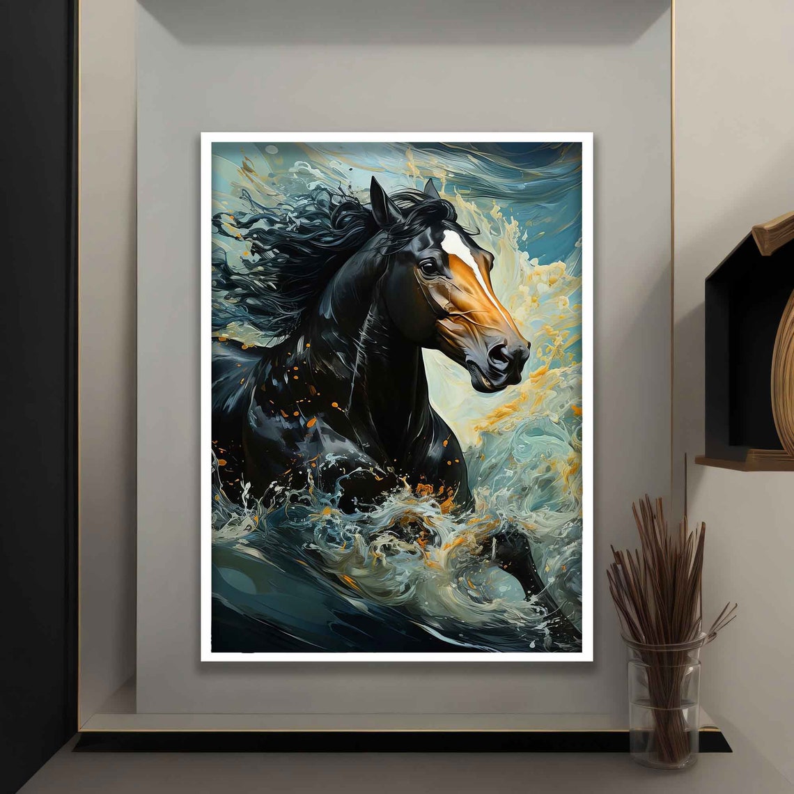 Black Horse Galloping Through Ocean Waves Dramatic Sea Art Poster - Image 4