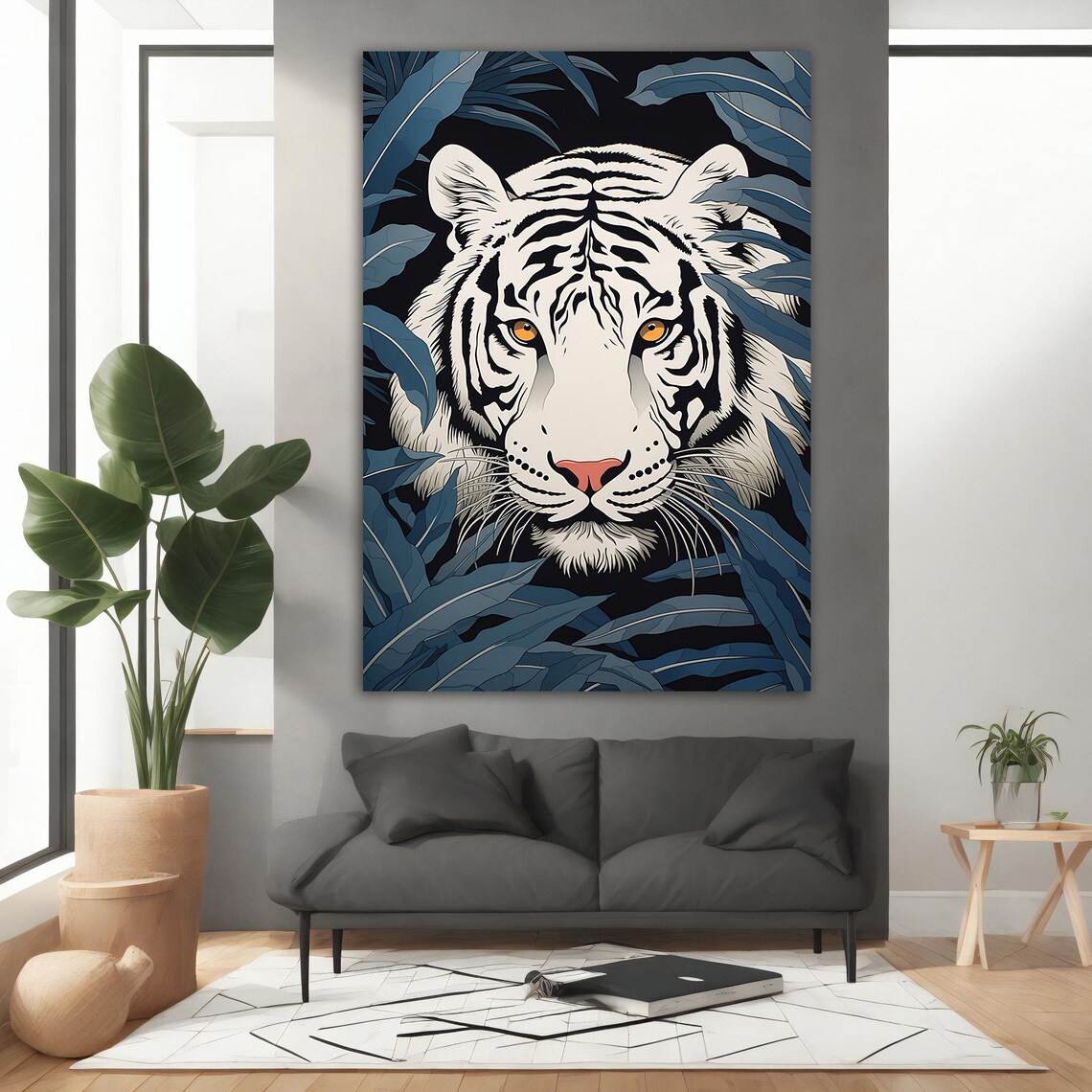 White Tiger Face Hidden In Dark Blue Tropical Leaves Art Poster - Image 4