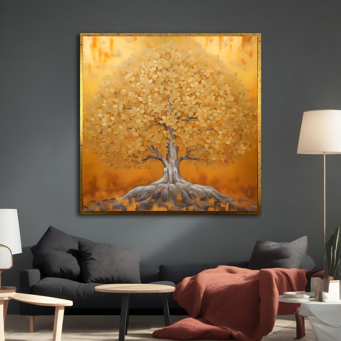 Golden Autumn Tree Orange Fall Foliage Painting Modern Nature Wall Art - Image 3