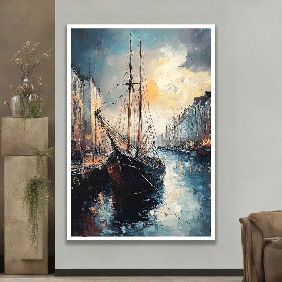 Tall Sailing Ship Harbor Sunset Impressionist Oil Painting Poster - Image 4