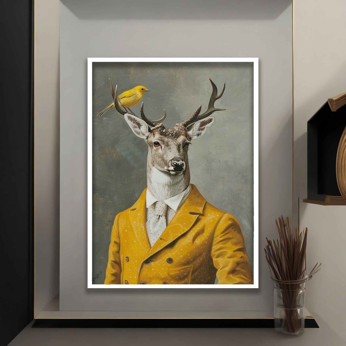 Dapper Stag In Mustard Suit Yellow Bird On Antler Whimsical Portrait Poster - Image 4