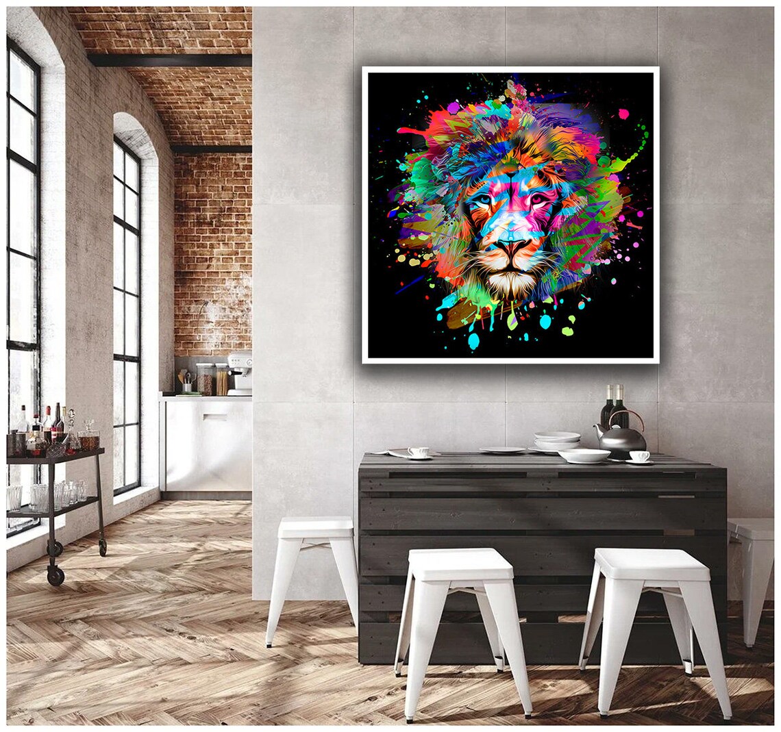 Colorful Lion Head Paint Splatter Bold Neon King Jungle Vibrant Wall Art Poster - Image 3