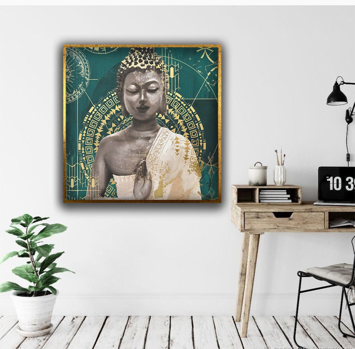 Golden Buddha Teal Mandala Sacred Geometry Spiritual Meditation Wall Art Poster - Image 3