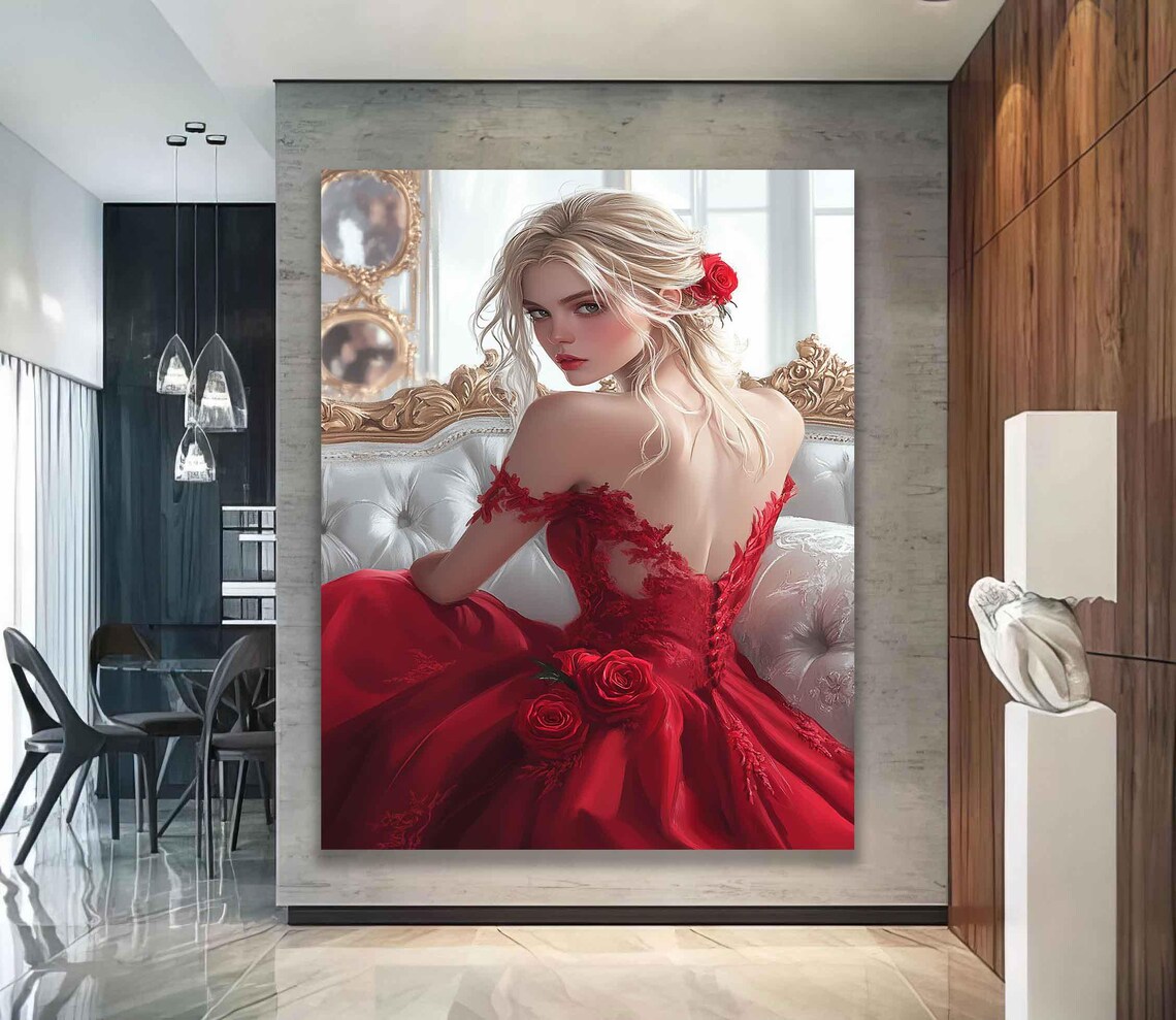Blonde Beauty Red Lace Gown Roses Elegant Boudoir Portrait Art Print Poster - Image 2