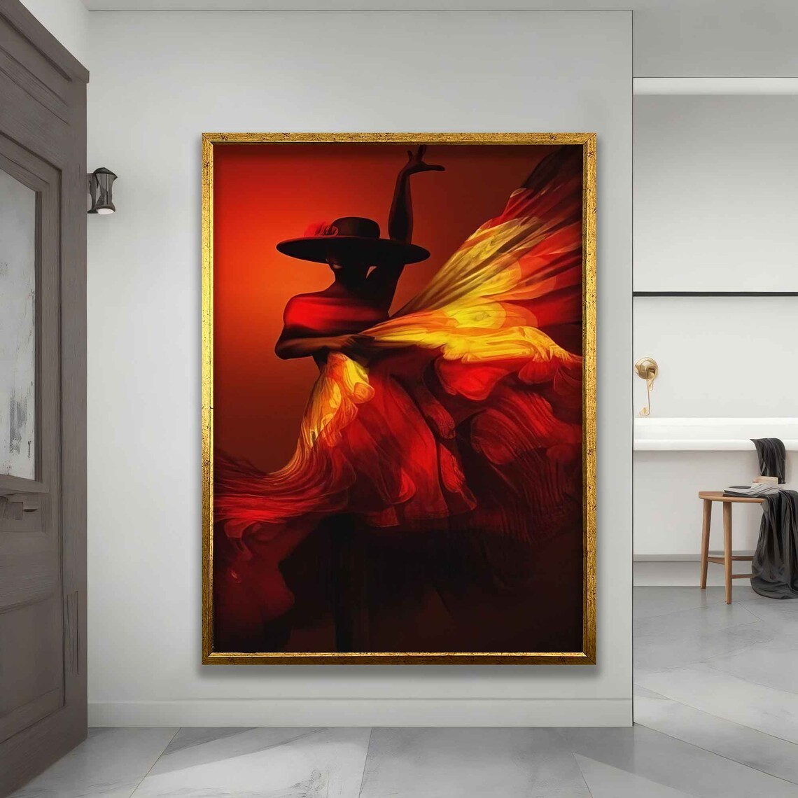 Flamenco Dancer in Hat Fiery Red Dress Silhouette Art Wall Poster