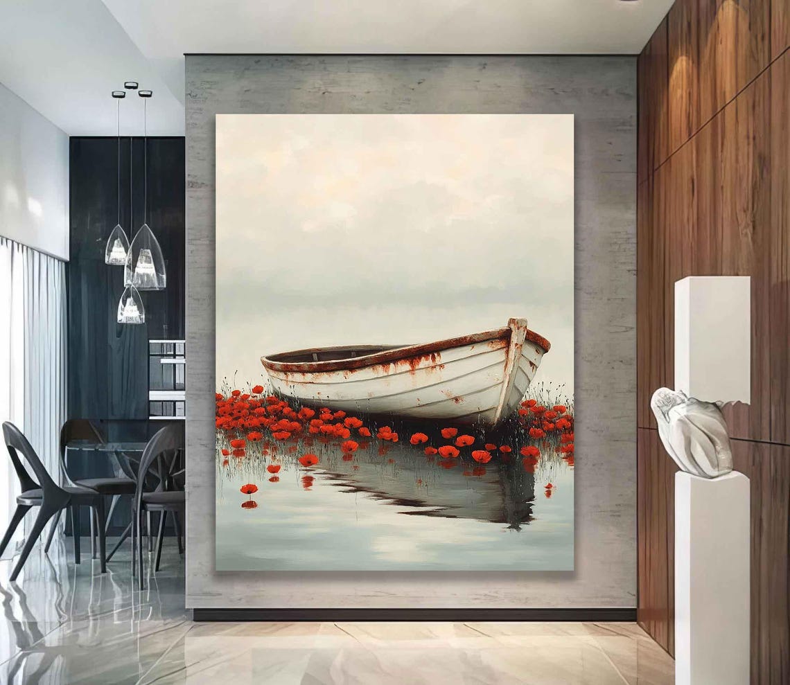 Weathered White Rowboat Among Red Poppies Seascape Painting Poster - Image 2