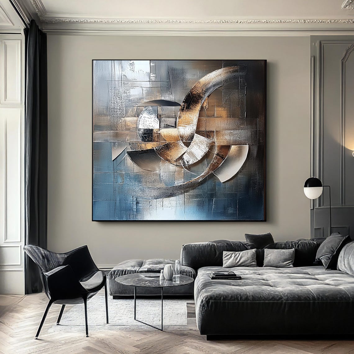 Metallic Copper Silver Circles Geometric Blue Gray Modern Art Poster