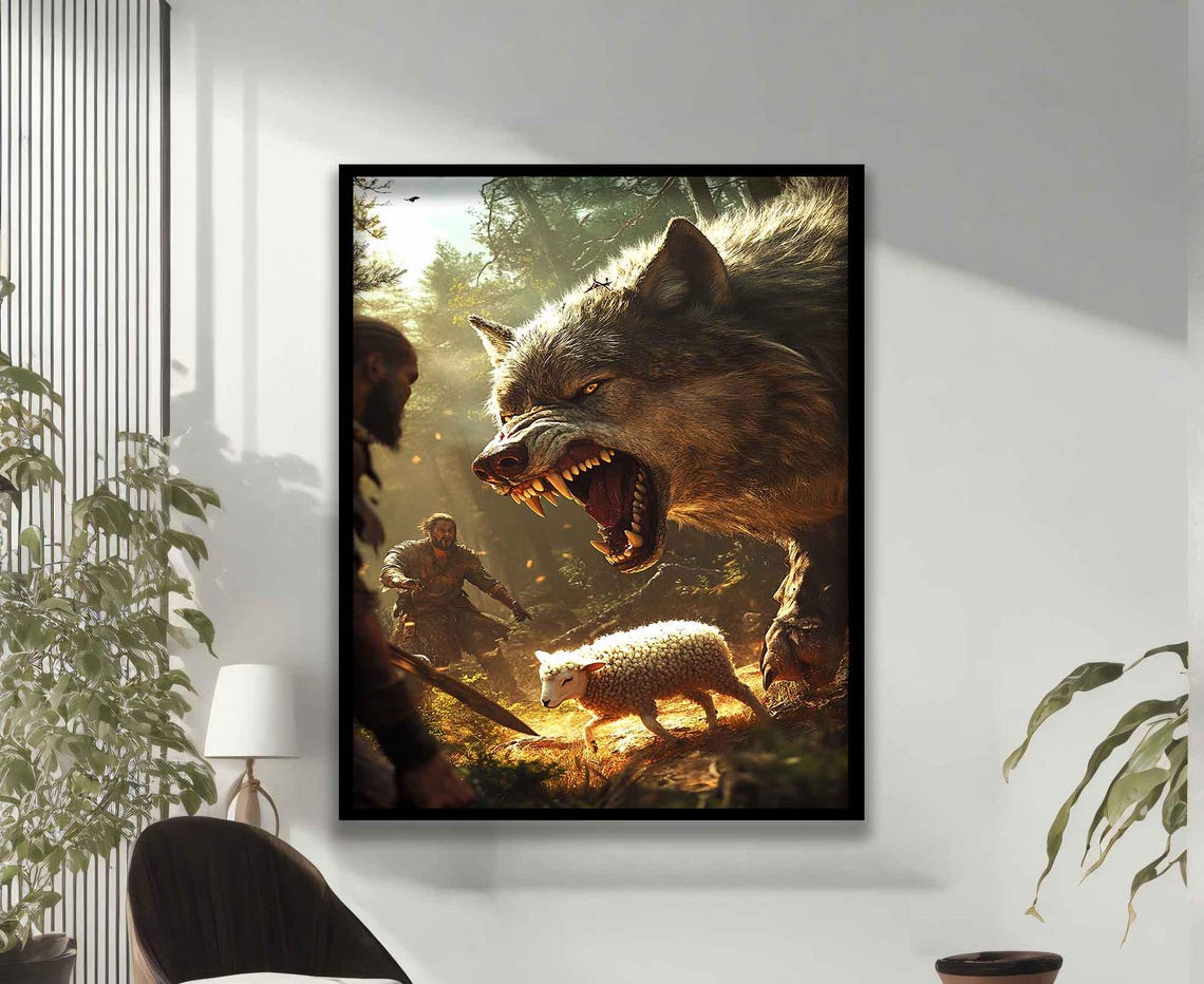 Jesus Rescuing Lamb From Giant Wolf Forest Christian Art Poster - Image 3