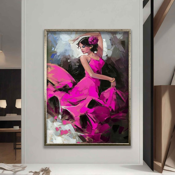 Flamenco Dancing Woman In Pink Dress Painting Dancer Girl Art Salsa Woman Poster Ballerina